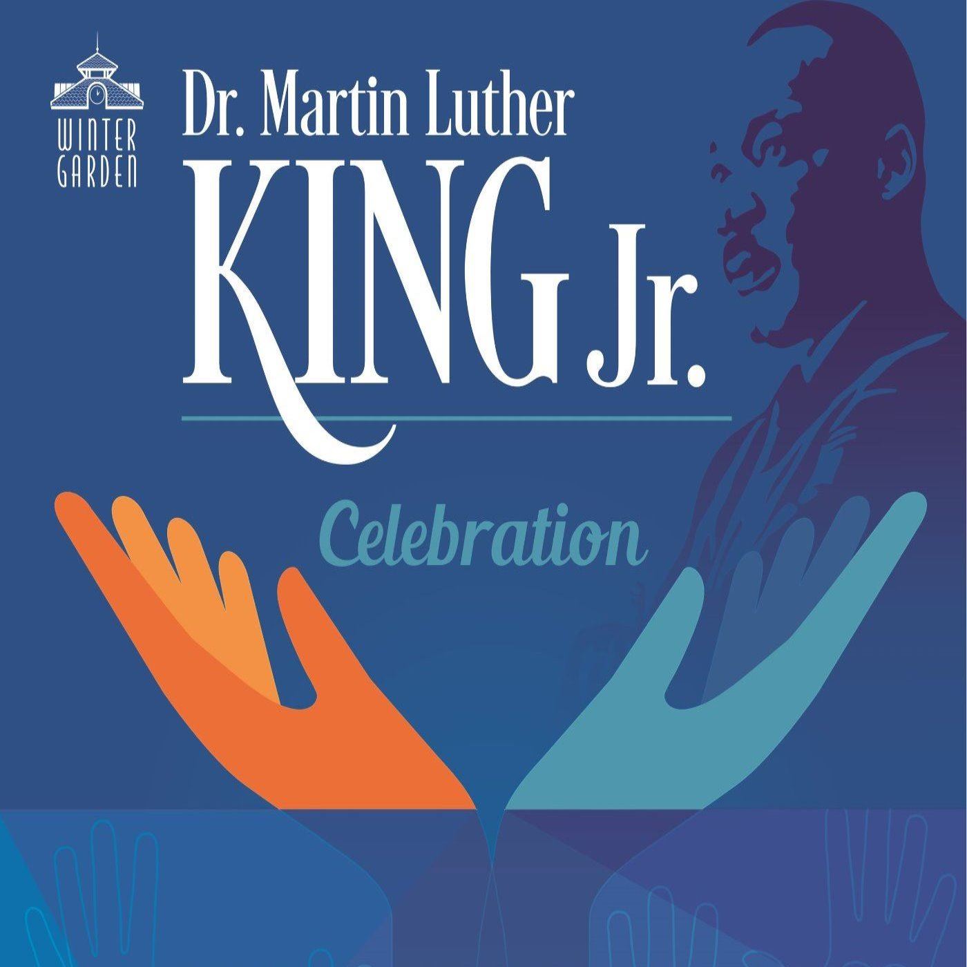Blue and Orange Graphic for MLK Celebration with two hands outreached